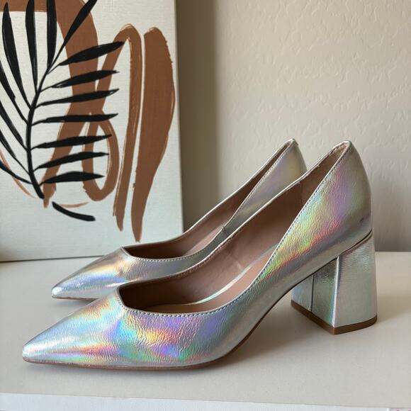 Zac Posen Shoes - Zac Posen Silver Holographic Pointed Toe Slip On Block Heel Leather Pumps 8.5